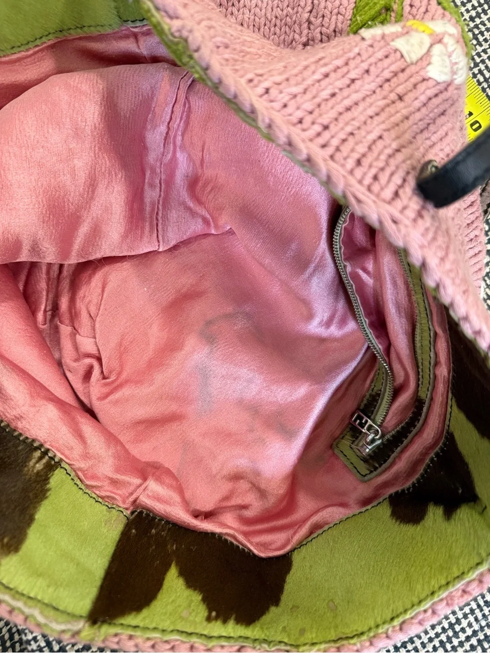 Authentic Vintage Fendi Pink Floral Knit Tote with Pony hair details